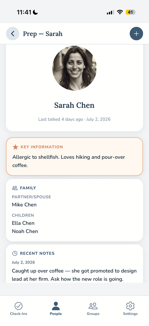 A contact prep view for Sarah Chen with key information and recent notes
