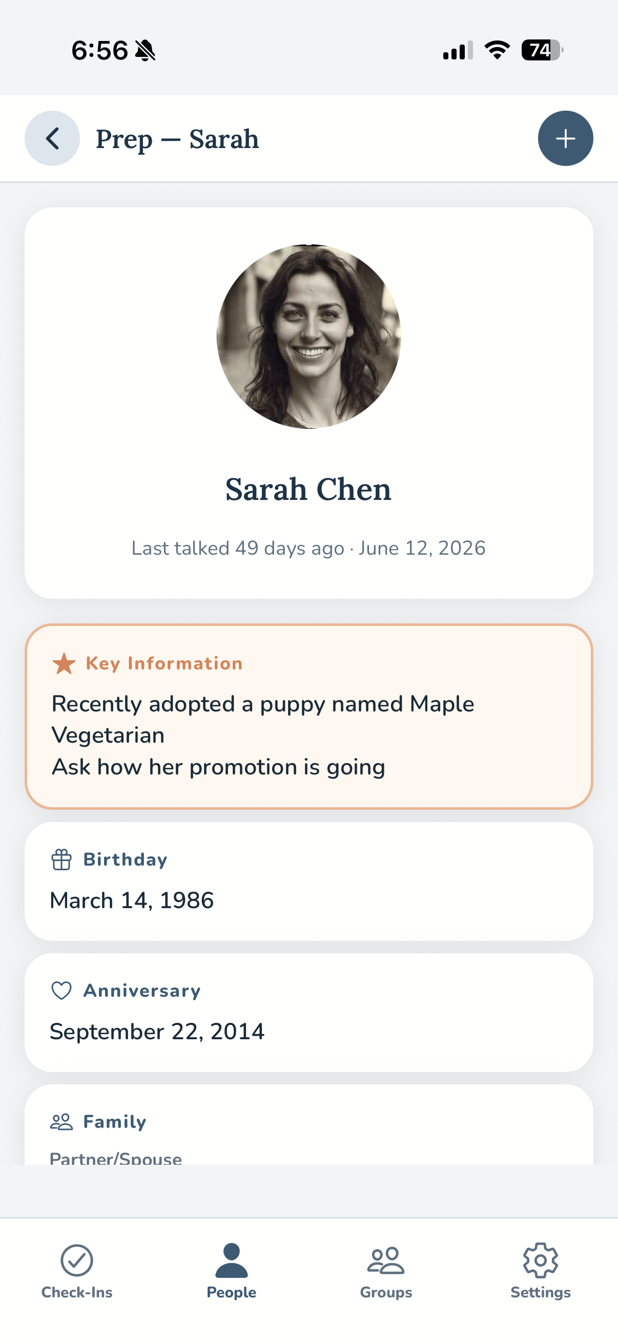 A Conversation Prep view for Sarah Chen with key information pinned at the top, then birthday, anniversary, and family