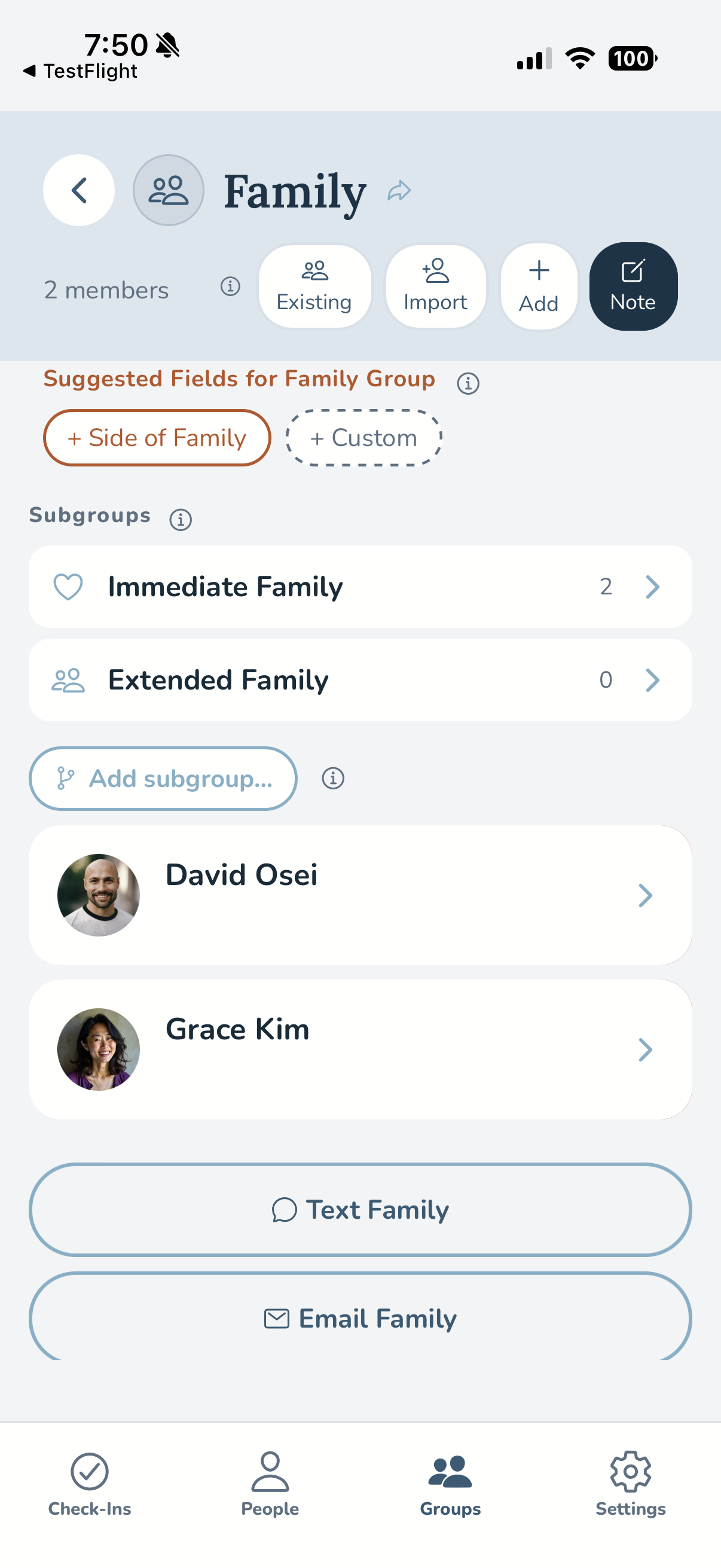 A Family group with suggested fields to add, subgroups for immediate and extended family, and its members