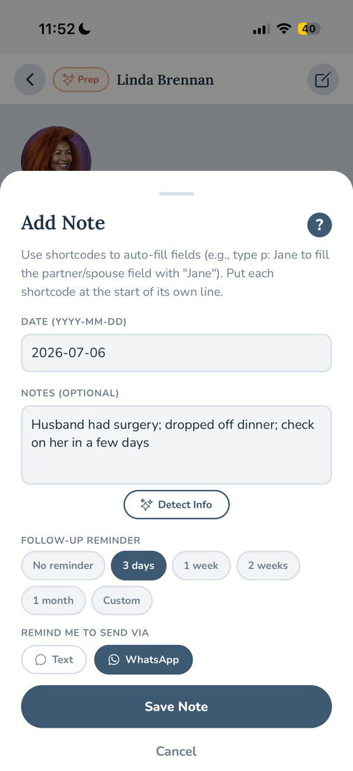 The Add Note screen with a follow-up reminder and message template options