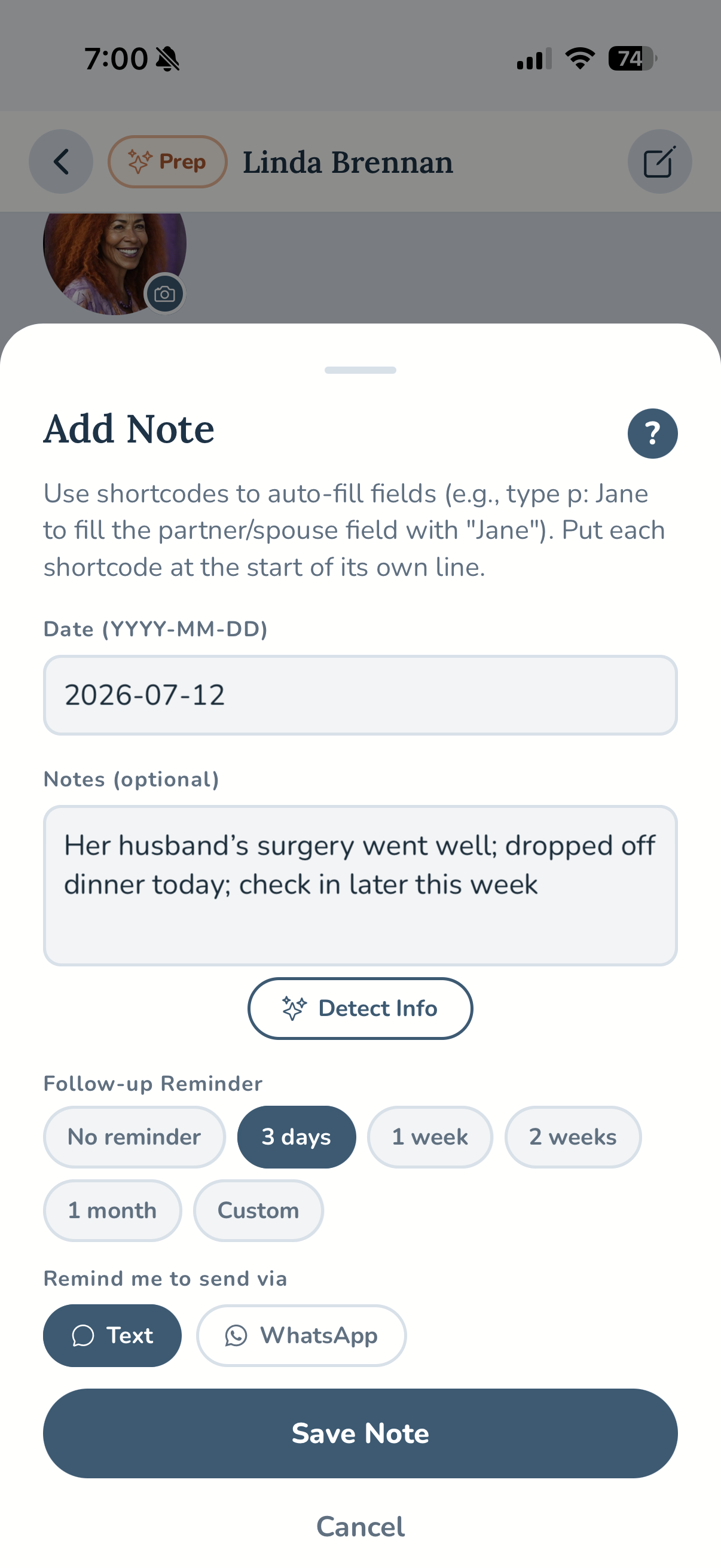 The Add Note screen with a note, a three-day follow-up reminder, and a choice of how to send it