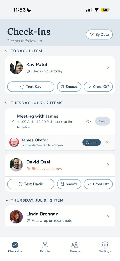The Check-Ins dashboard showing birthdays, calendar syncs, and follow-ups