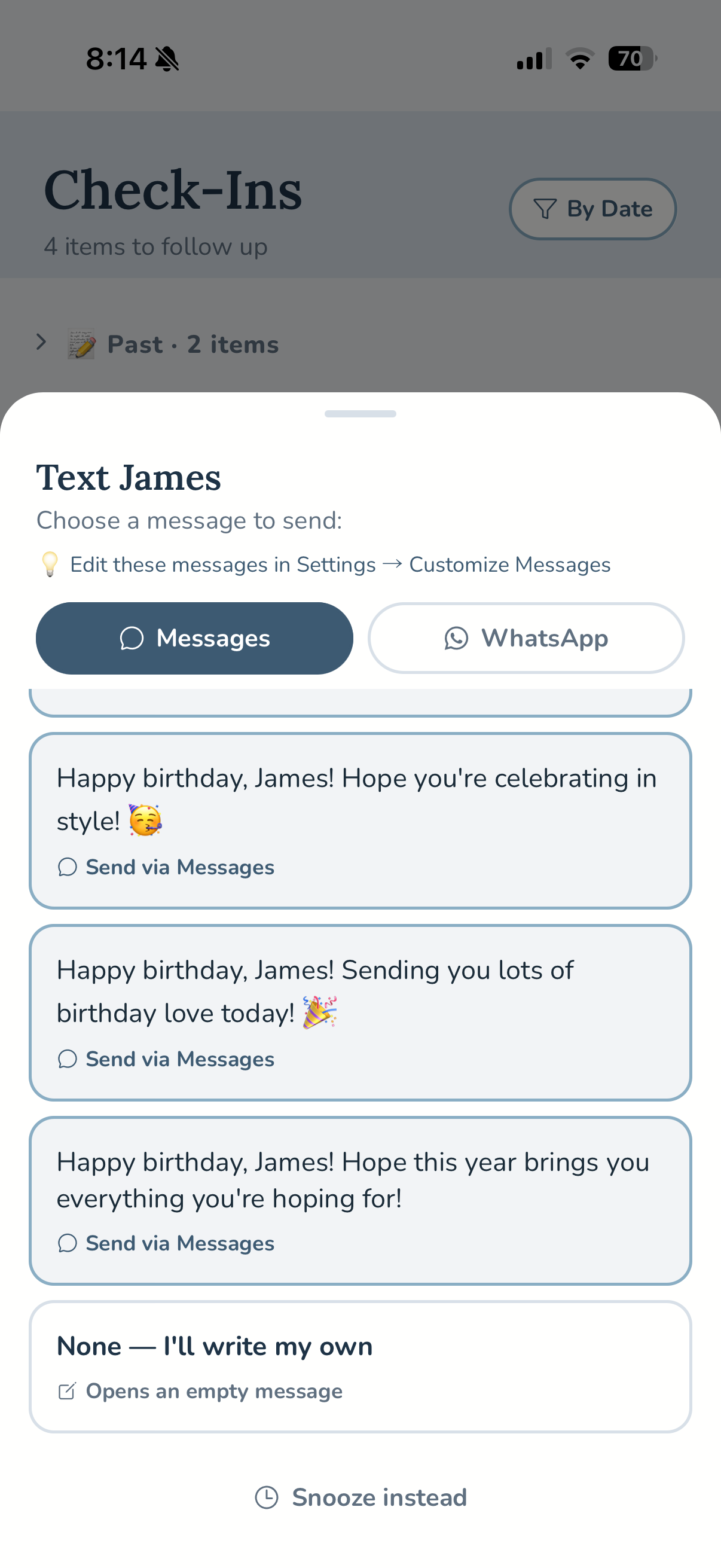 A birthday message picker offering several ready-to-send options, or the choice to write your own