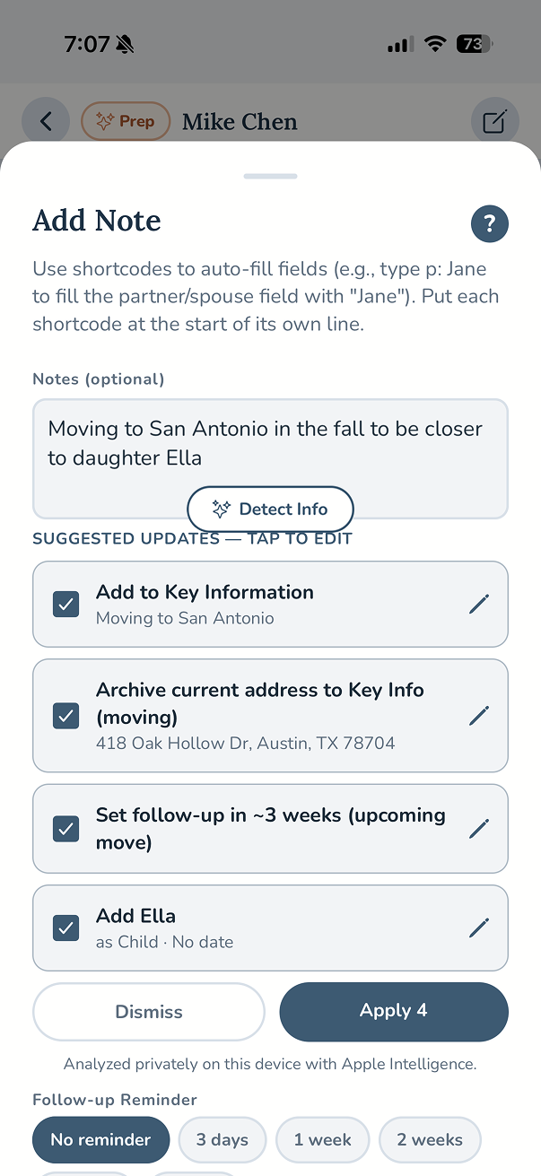 A typed note with Detect Info suggesting four updates to review, each one editable before it is applied