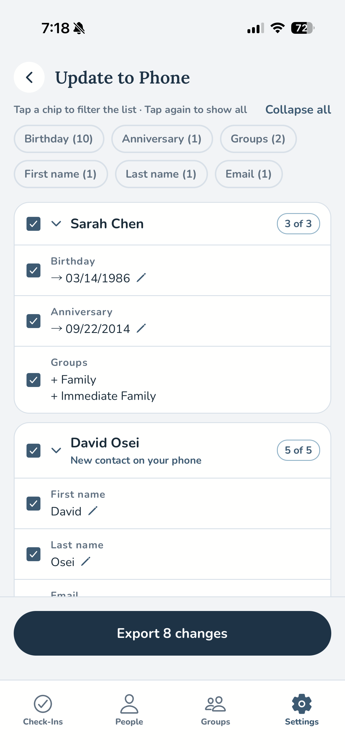 The Update to Phone review screen listing each proposed change with a checkbox, so nothing is written without approval