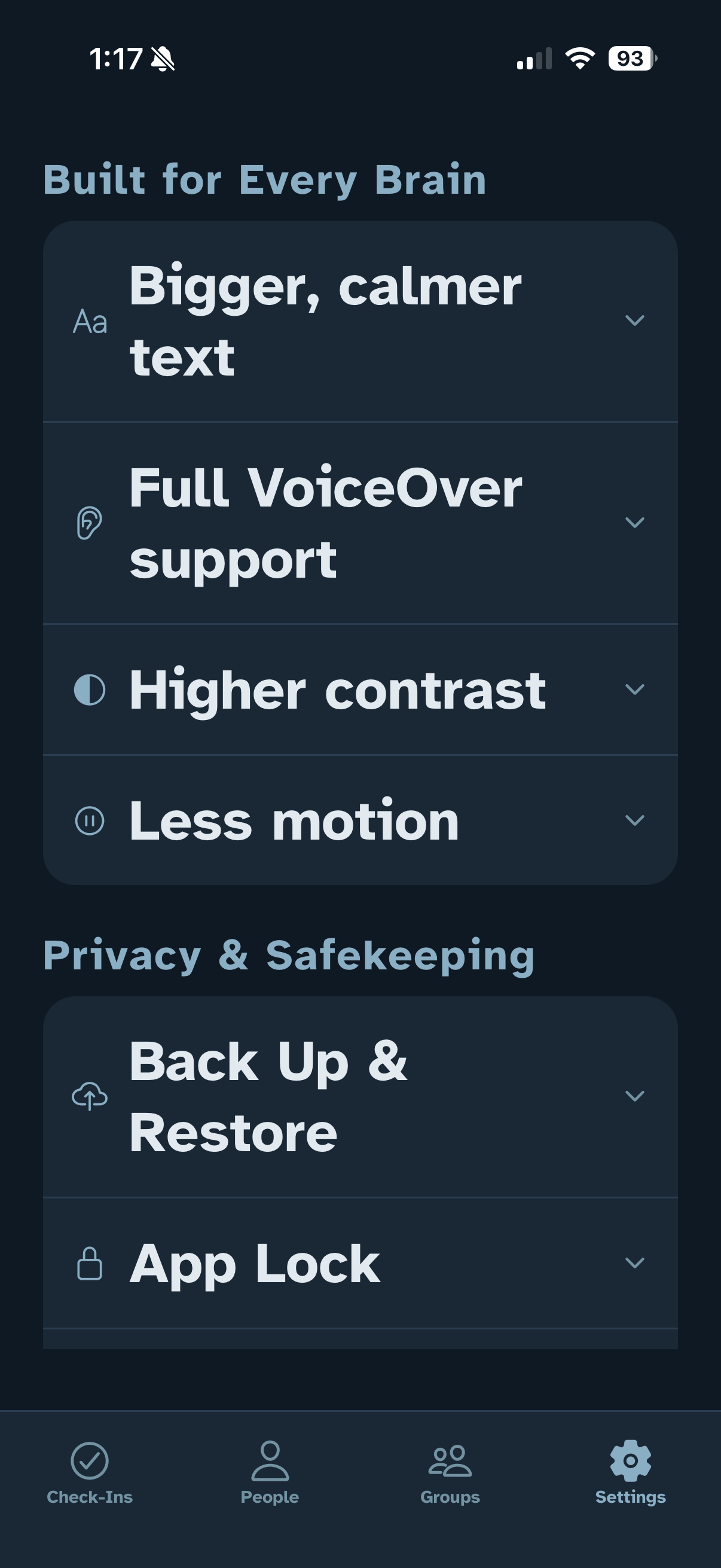 Accessibility settings in dark mode: bigger calmer text, full VoiceOver support, higher contrast, and less motion